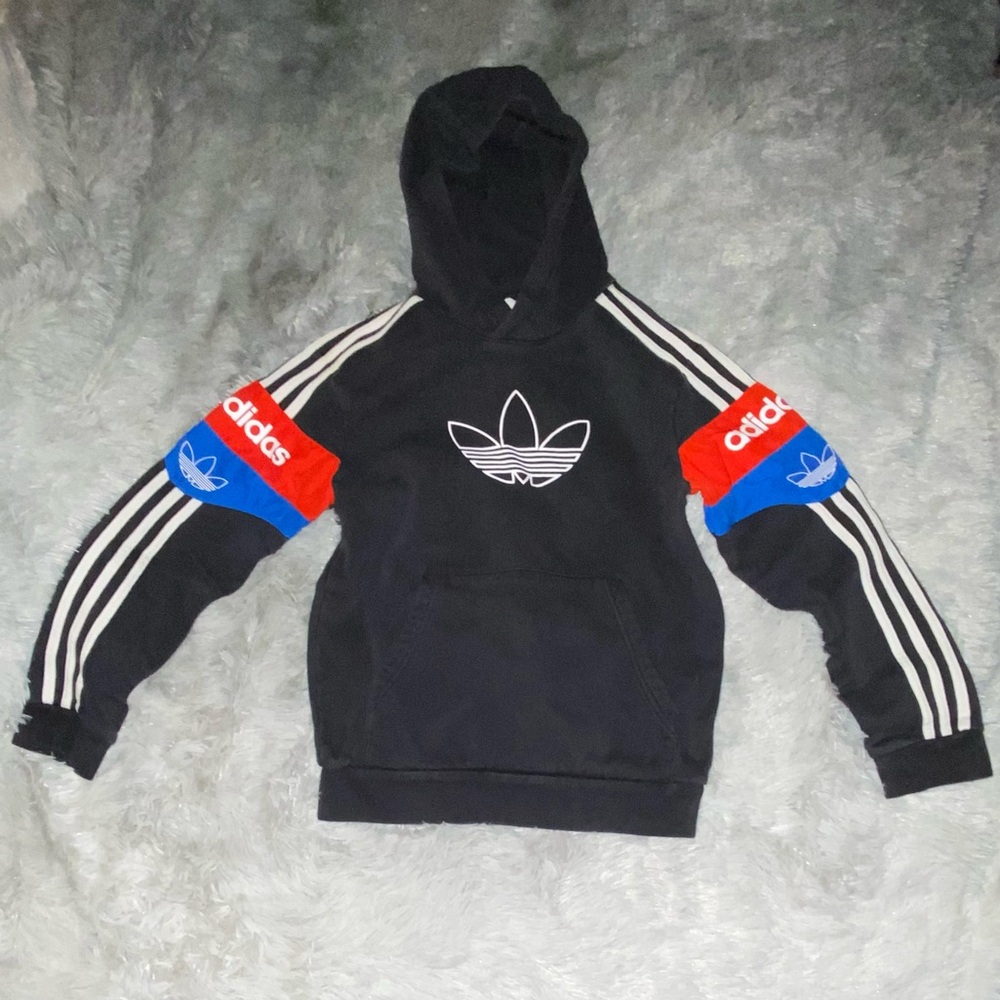 Adidas Black Hoodie with Red and Blue Sleeves